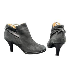 Sofft Black Suede Ankle Booties 8.5 Heeled Boot Zip Leather Trim Bow Detail